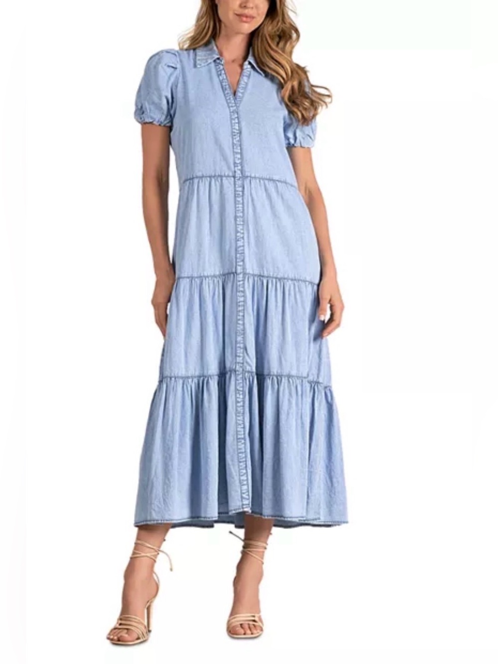 NEW Elan Women's Blue Cotton Short Sleeves Collared Midi Dress Size Medium